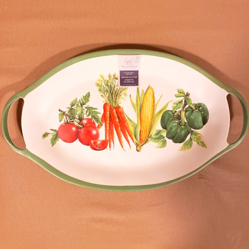 VEGETABLE PRINT OVAL PLATTER WITH HANDLES